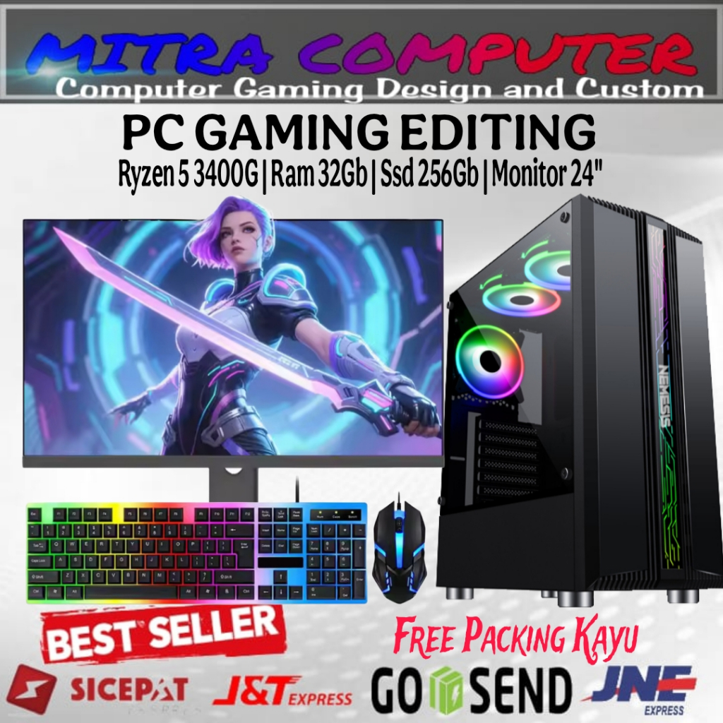 PC Gaming Fullset Ryzen 5 3400G RAM 32GB DDR4 SSD 256GB Monitor LED 24 INCH