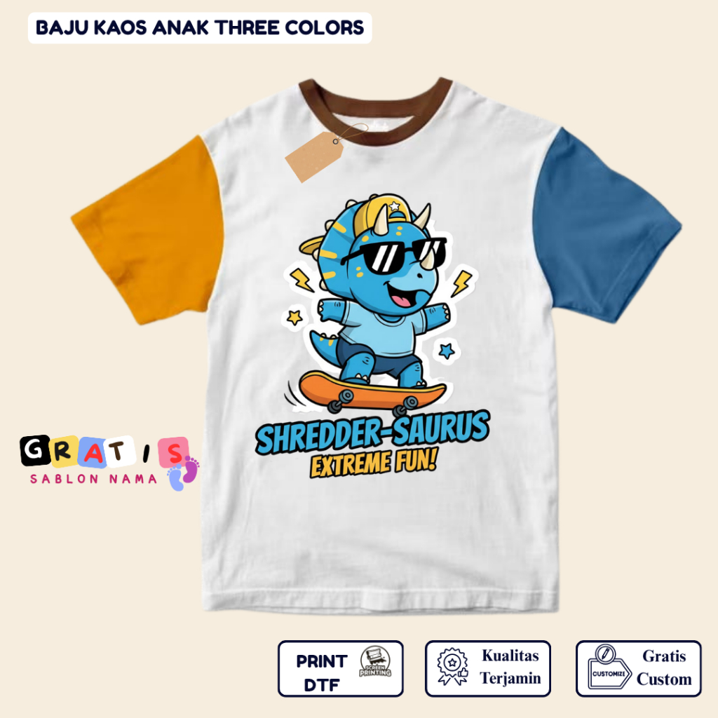 shabira tas  - Kaos Anak Dino SHREEDER SAURUS   - Kaos Anak Pendek Three Colors Dino - Kaos Anak Sab