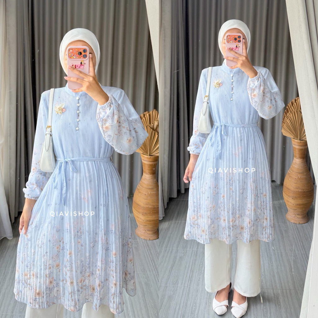 QIAVI SHOP - REVI TUNIK / TUNIC ATASAN PLISKET SIMPLE MEWAH MOTIF CANTIK WARNA PASTEL KUALITAS BUTIK