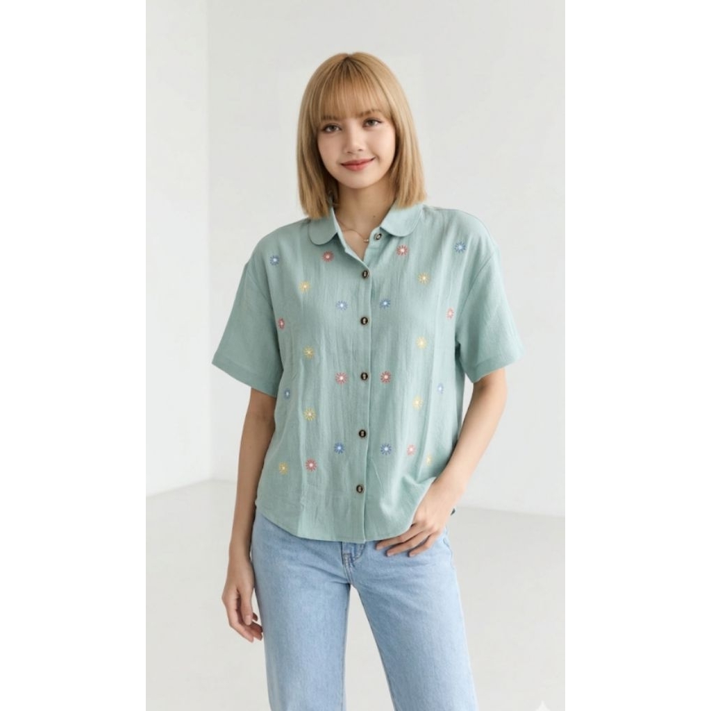 DERINE - Atasan Wanita Katun Linen bordir - Kemeja Wanita lengan pendek - Baju wanita kekinian