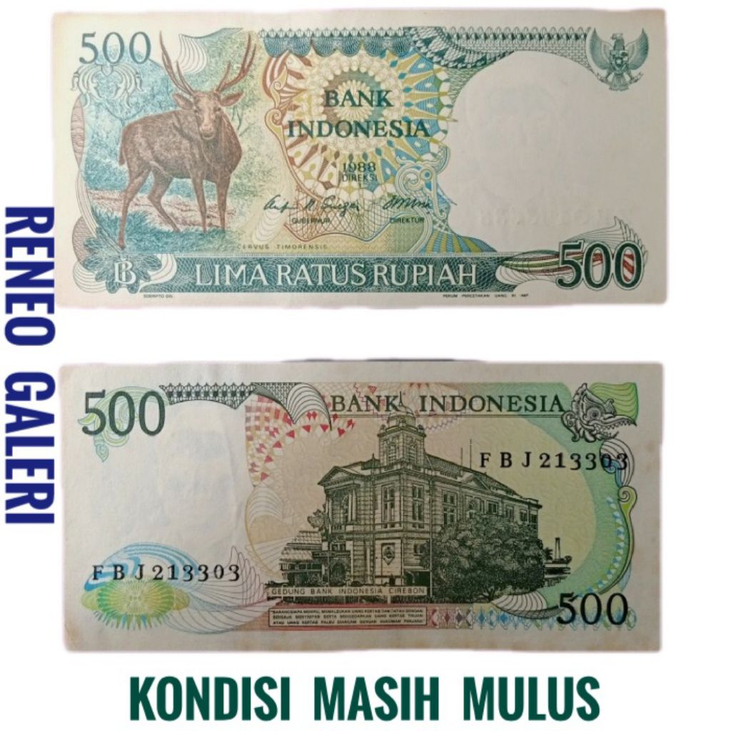 Mulus asli Rp 500 Rupiah tahun 1988 Rusa kijang menjangan uang kertas Kuno original