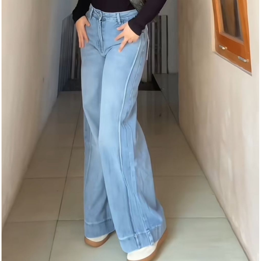 Vj - Celana Jeans Wanita New Biru Kekinian Baggy Jeans Whisker Premium Tulang