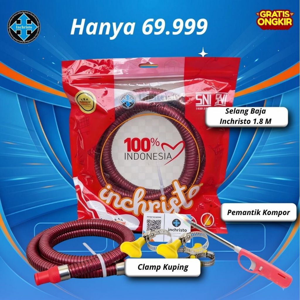Selang Gas LPG Inchristo 5 Lapis Anti Tikus, Anti Bocor 1.8 M - Pemantik kompor dan free clamp