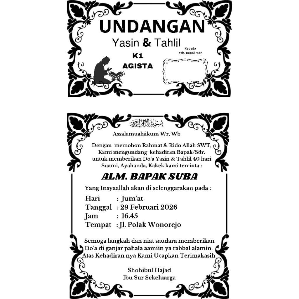 Undangan Yasin/Tahlil/ Undangan Walimatus Safar/ Walimatus Ursy