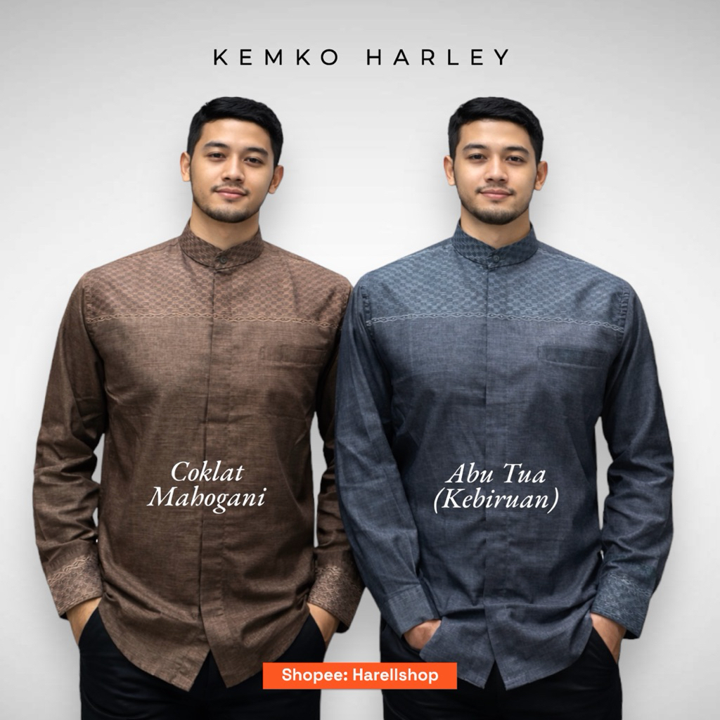 Kemeja Koko Pria Lengan Panjang Motif Jaring Premium Kemko Harley | Koko Modern Pria Coklat Mahogani