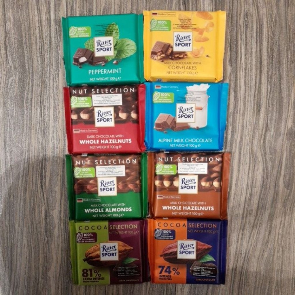 Ritter Sport Chocolate 100gr Coklat Import Varian Alpine / Cornflakes / Peppermint / Milk Hazelnut /