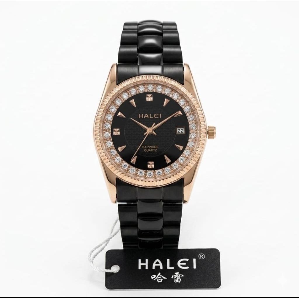 Jam Tangan Halei 591M Rantai Hitam Rosegold Diamond Cewek