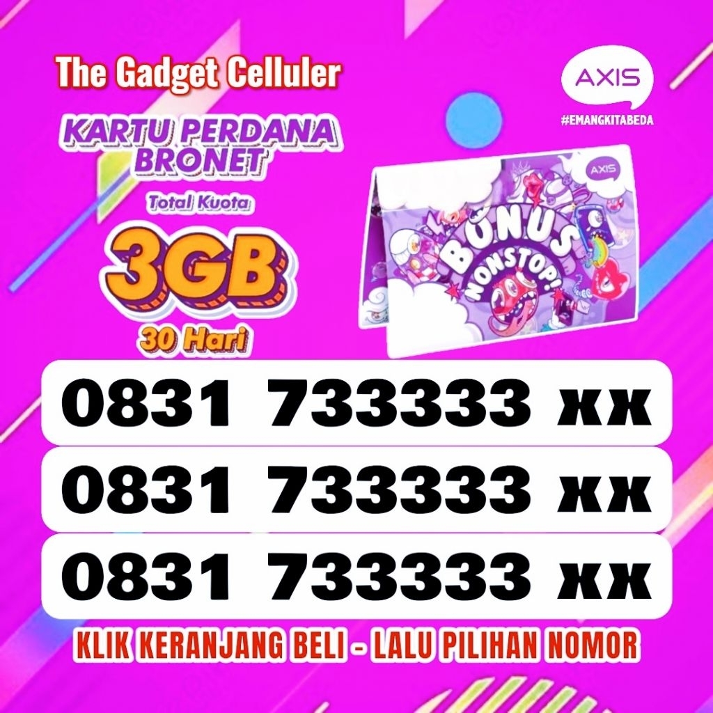 Kartu Perdana Cantik AXIS Sinyal 4G/5G/LTE Seri 33333 Nomor Nasinoal | Bonus Kuota 3GB (A.0003)