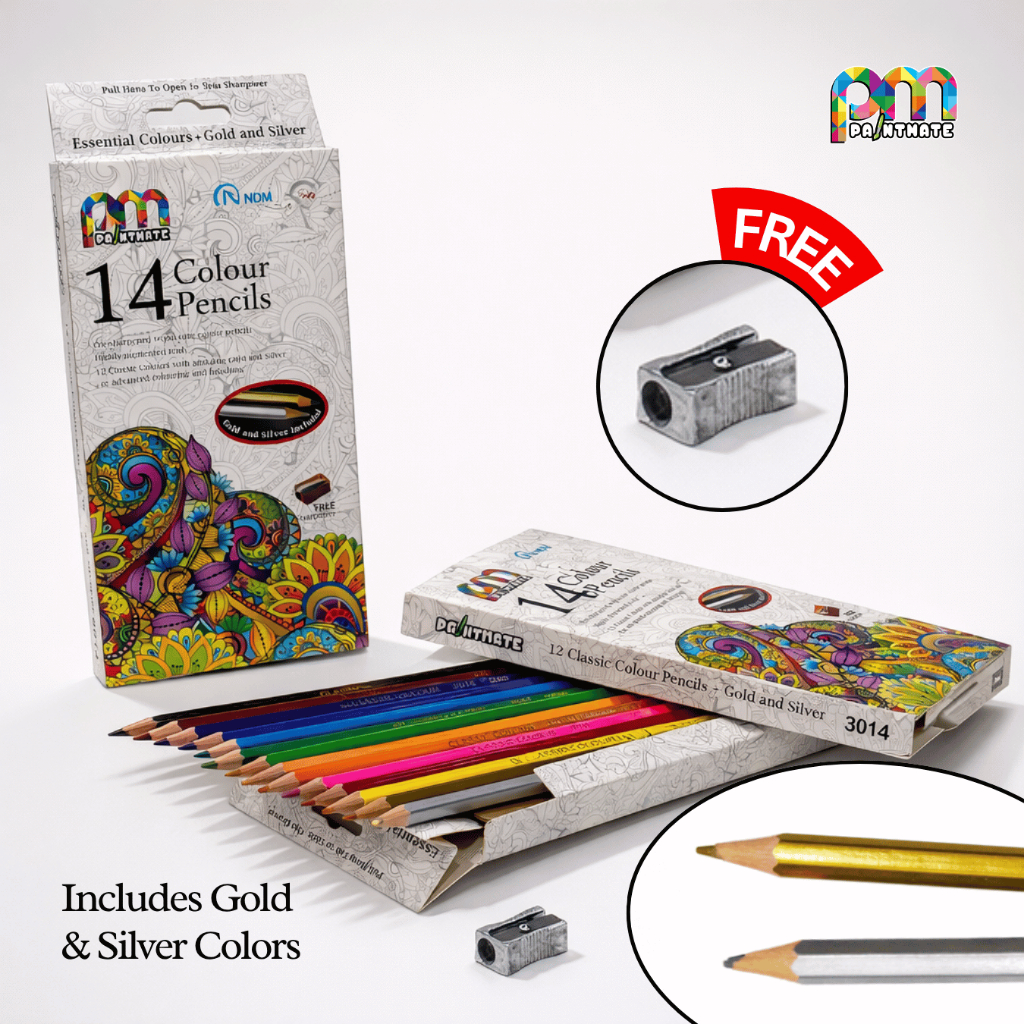 Pensil Warna 1Set Lengkap/Pensil warna panjang 12 warna + 2 (warna gold dan silver)/NDM Color Pencil