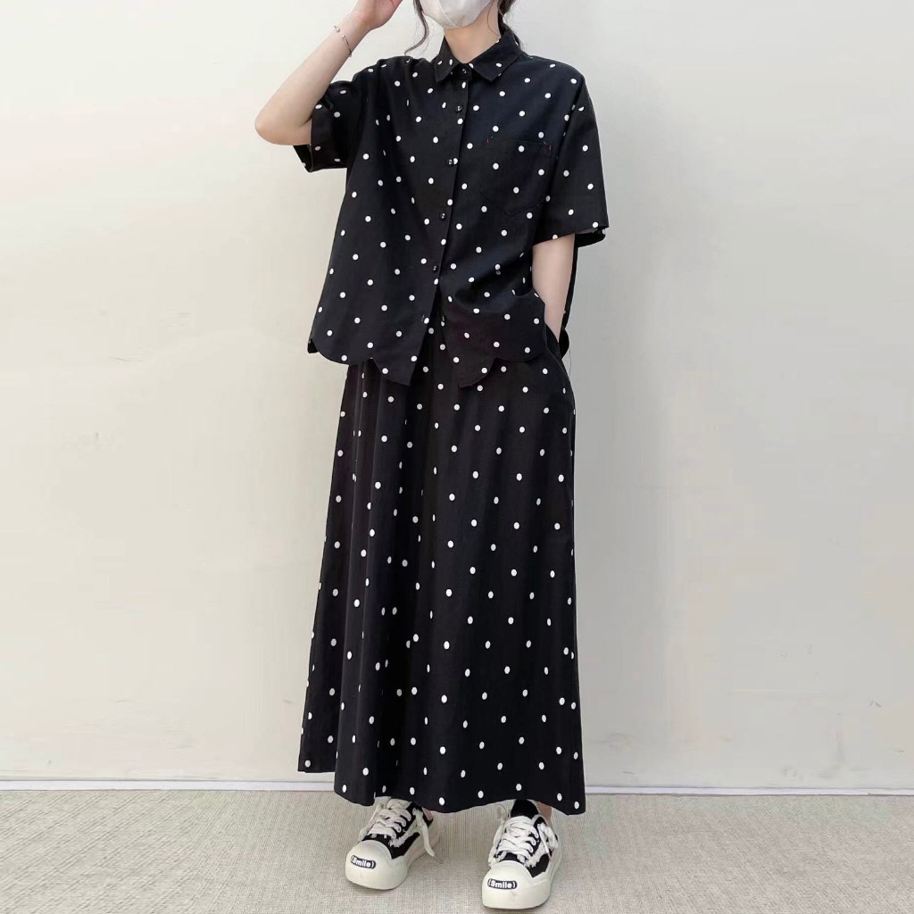 SETELAN BLUS KEMEJA OVERSIZE HEM SCALLOP & CELANA KULOT KATUN LINEN HITAM POLKADOT KOREA IMPORT