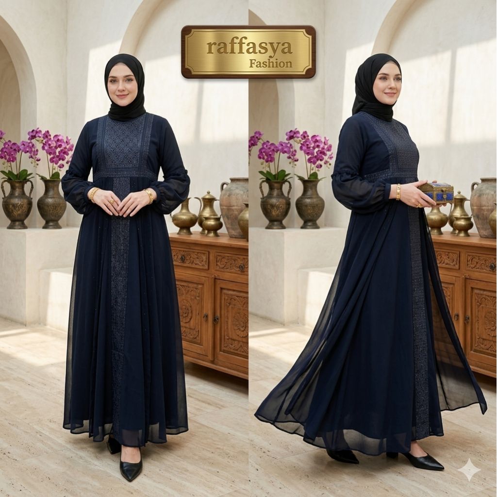 GAMIS ABAYA TURKEY COUPLE IBU ANAK BORDIR SAFIRA FULL HITAM