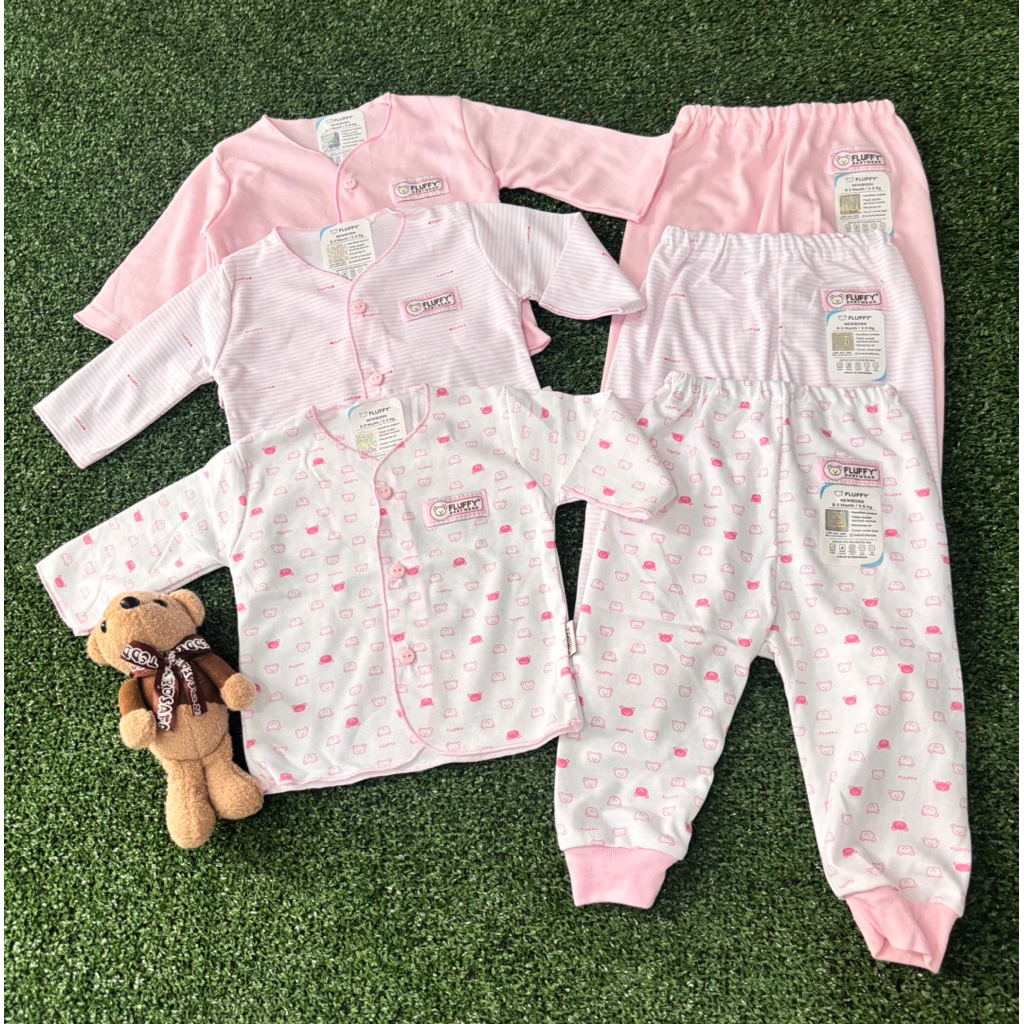 set 3 set 6 pcs baju panjang bayi new born 0-3 bulan merk fluffy fluffy baby wear