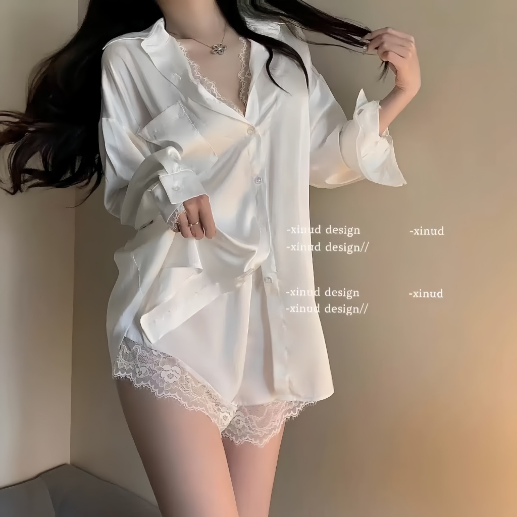 Set Piyama Wanita Satin Seksi Lingerie Berenda 2026, Setelan Rumahan Atasan Kemeja & Celana Pendek