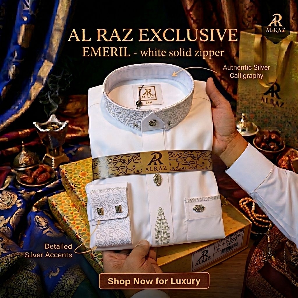 JUBAH AL RAZ EMMERIL | Gamis AlRaz Exclusive Bordir Premium Model Emmeril Zipper Putih Lengan Panjan