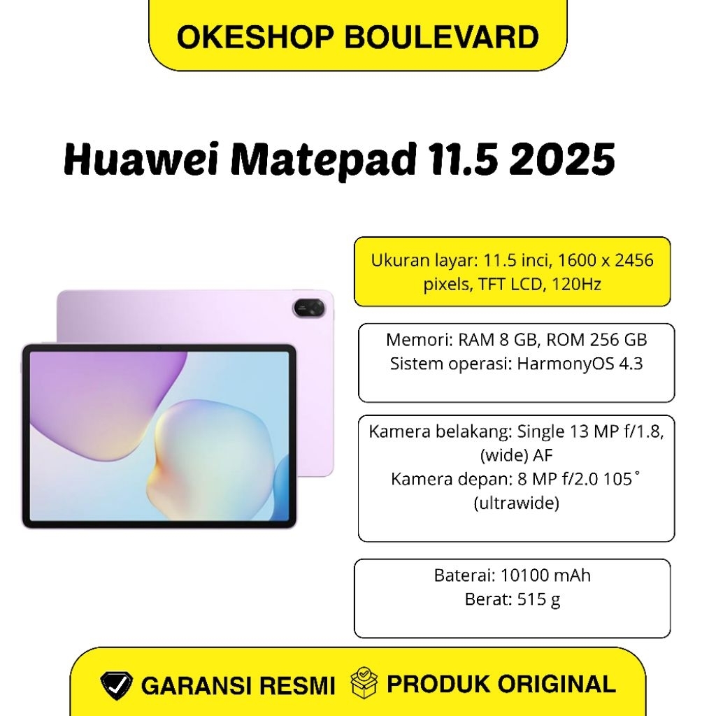 Huawei Matepad 11.5 (2025) Ram 8/256GB Wifi - Garansi Resmi Huawei Indonesia
