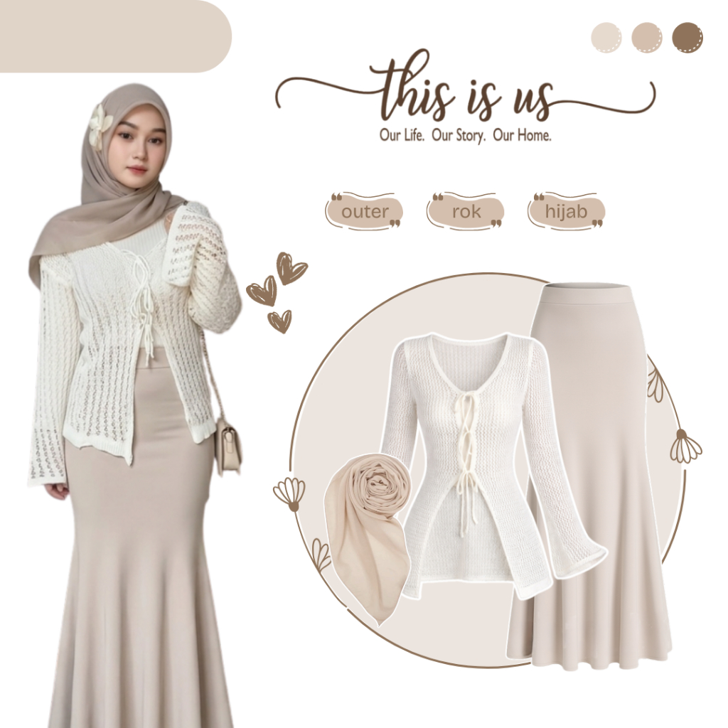 One Set Wanita Terkini | Outer + Rok Duyung + Hijab Bella Square | Satu Set Outfit Cewek - AM249N