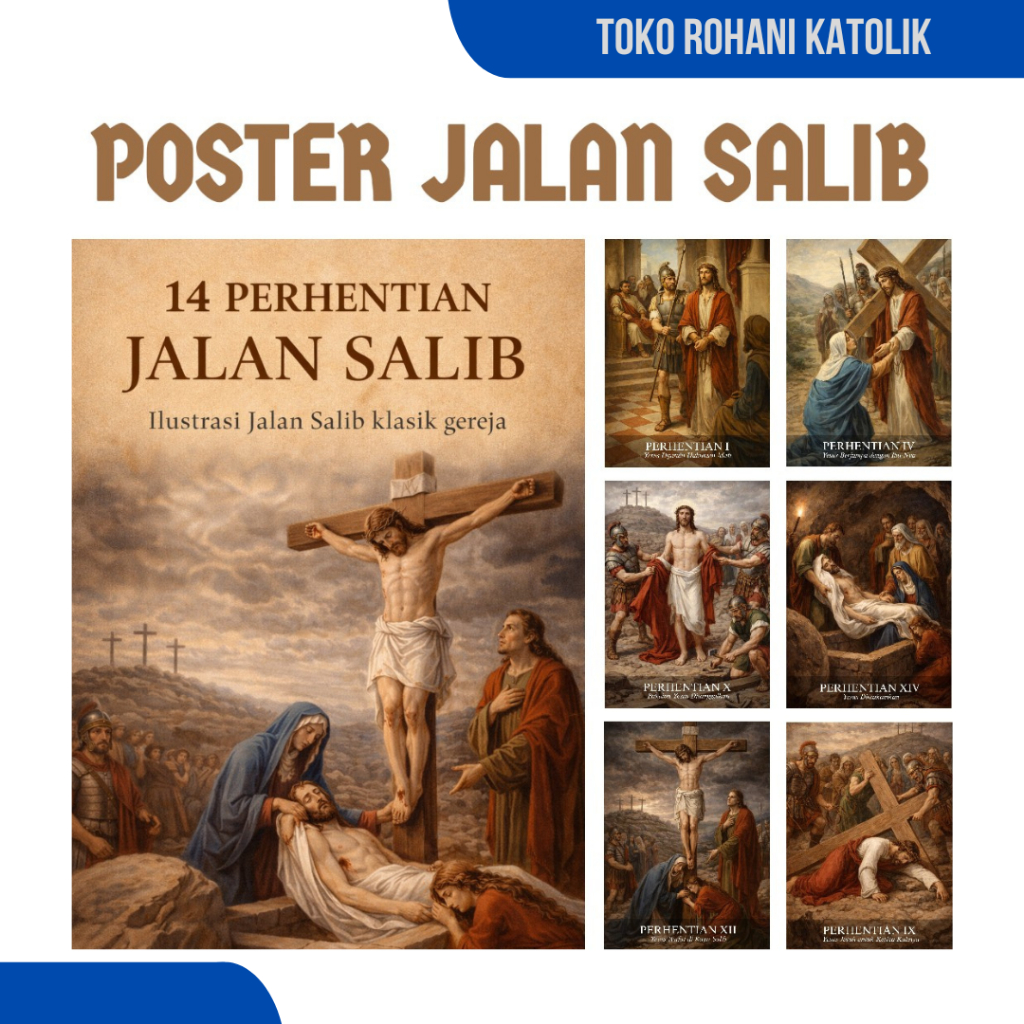 POSTER JALAN SALIB - 14 LEMBAR / GAMBAR 14 PERHENTIAN JALAN SALIB / PAJANGAN DINDING / HIASAN DINDIN