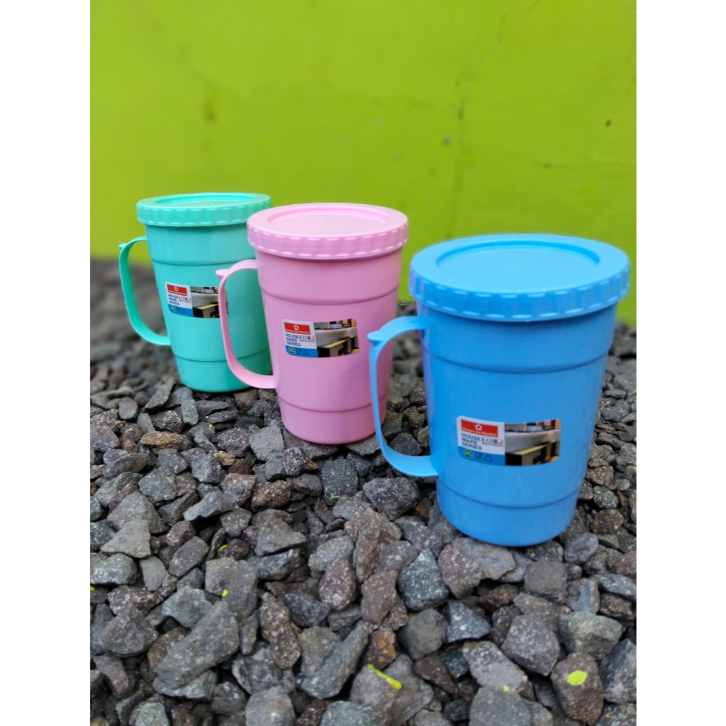 Mug Tutup Benjo Green Line Gelas Jumbo Tangkai Tutup Benjo Gelas Cangkir Dengan Tutup Mug Plastik Tu