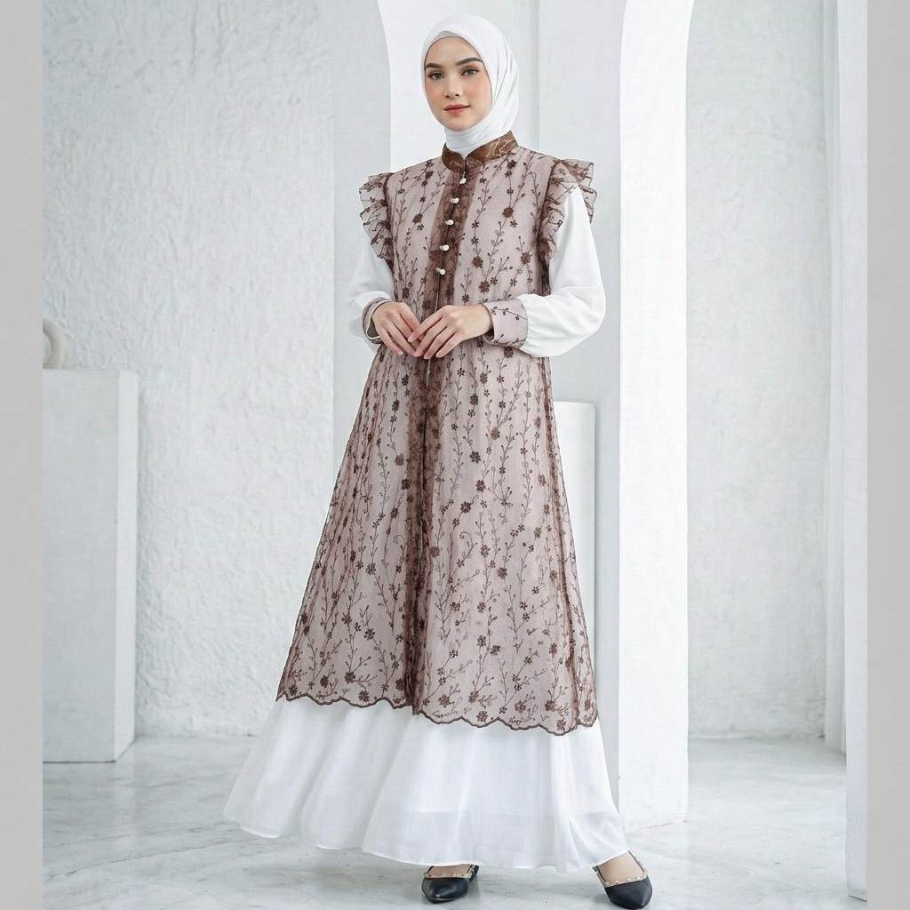 Gamis Dewasa 2 in 1 Ceruty Babydoll Mix Outer Brokat Raya by Misca | Gamis Lebaran & Gamis Kondangan