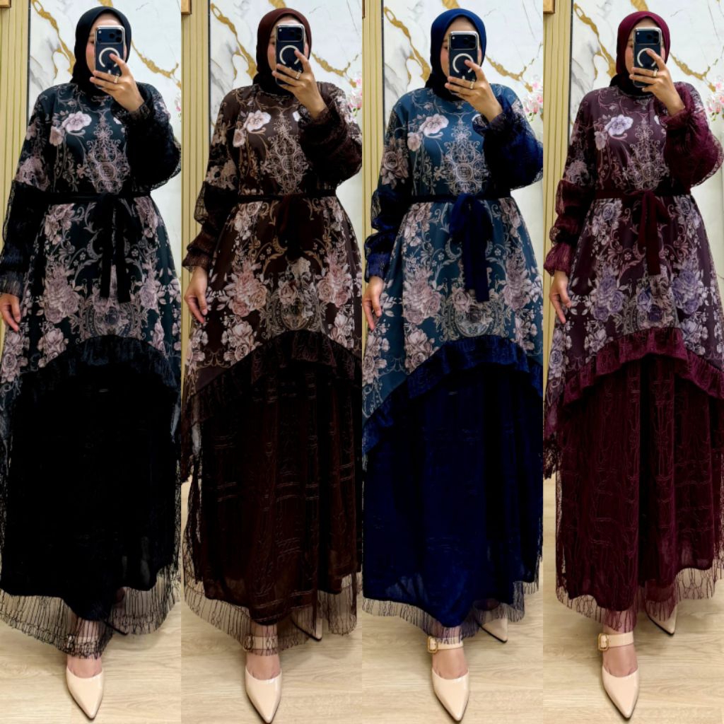 AULIA Gamis Ceruty Babydoll Premium Mix Brukat Centily Belt Set Hijab