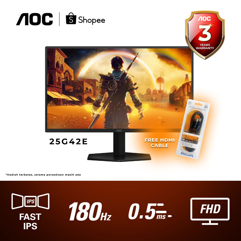 Monitor LED AOC 25G42E Adaptive Sync 24.5" Fast-IPS 180Hz FHD 0.5MS HDR10