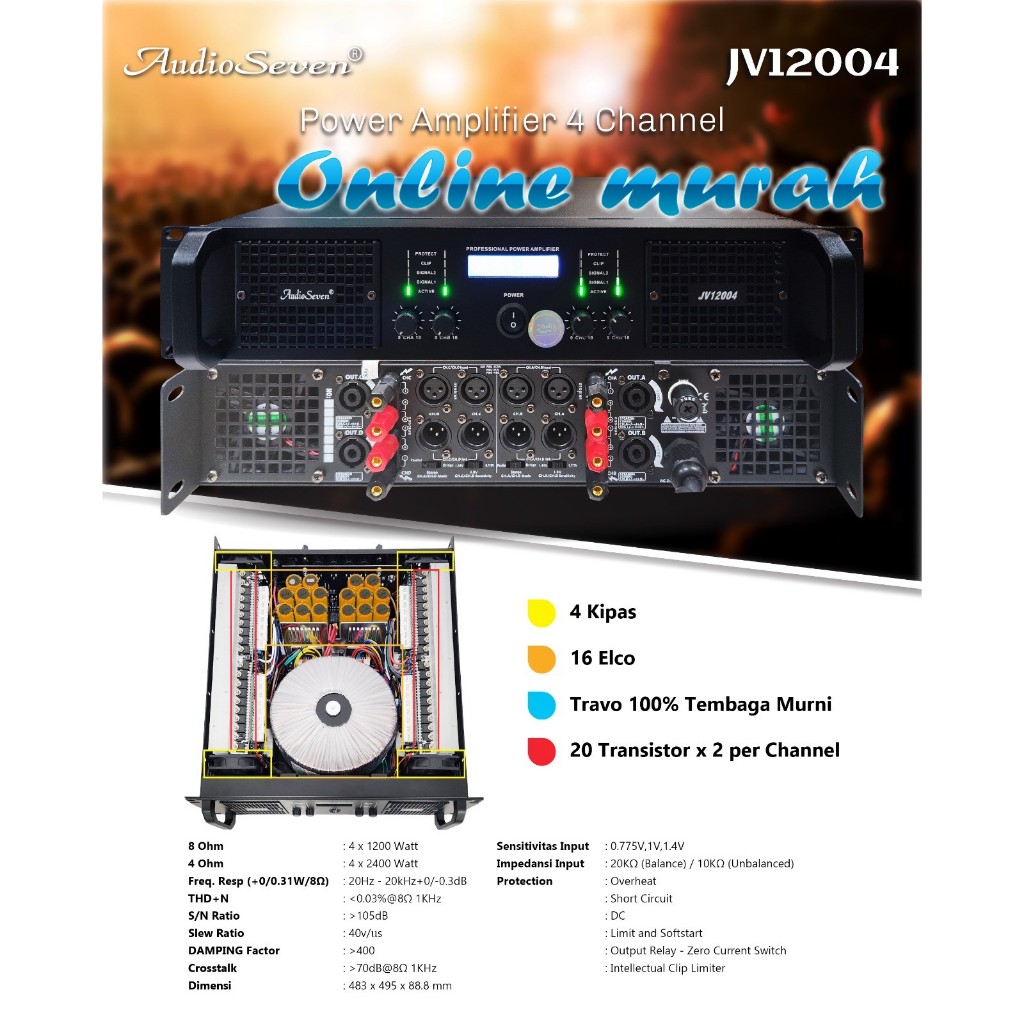 power audio seven jv12004 / jv 12004 / AUDIO SEVEN JV12004 / JV 12004 4 channel 4 x 1200watt origina