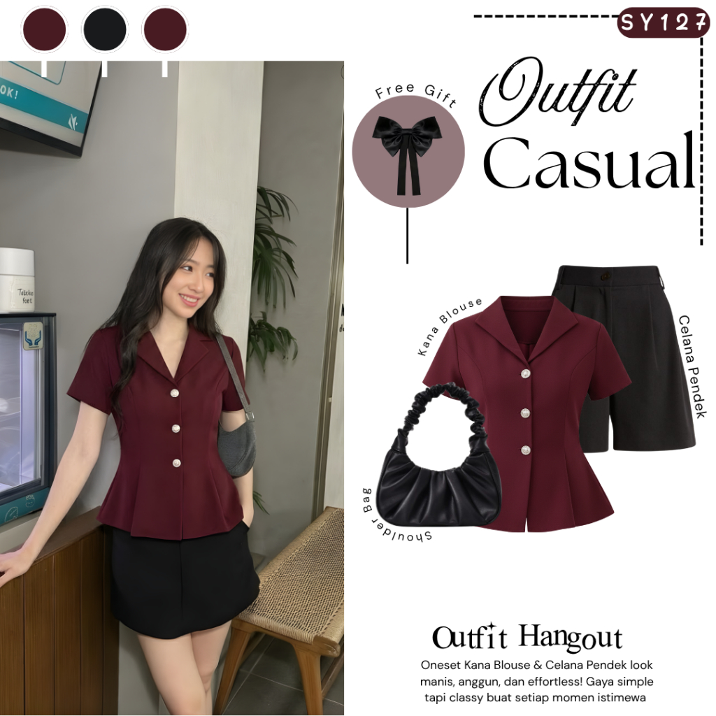 Zelia Setelan Wanita 3in1 ( Tas + Blouse + Celana ) Ootd Cewek Clean Outfit - SY127