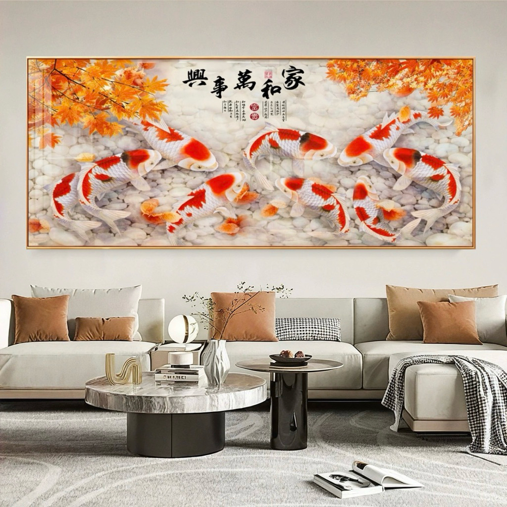 KOKOPAINTING Lukisan Porcelain Diamond 5D Kristal Motif Ikan 9 Ikan Koi dan Cupang Fengshui / Pajang