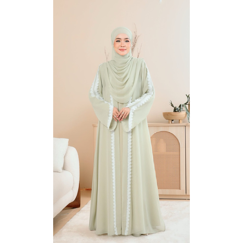 Aluna Gamis Sage Green Dress Abaya Outer Renda Kaftan Renda Putih Gamis Outer Mroon Setelan Abaya Da
