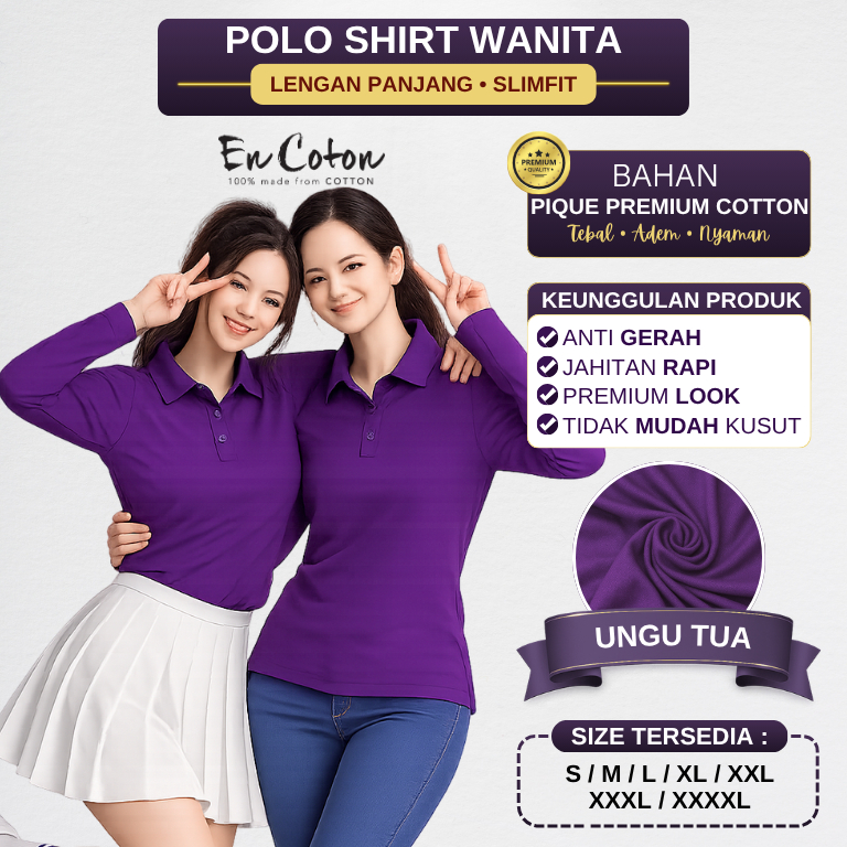 Kaos Kerah Polo Wanita Cewek UNGU TUA UNGU TERONG Premium Tangan Lengan Panjang (model SLIMFIT) ENCO