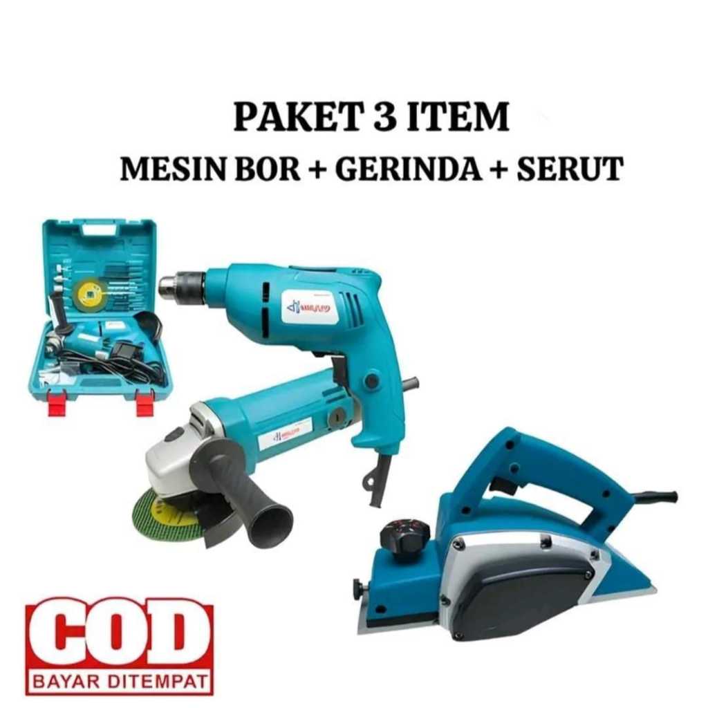 Paket Lengkap Alat Tukang 3 Item Mesin Bor 10mm 500wat Mesin Gerinda 4 Inc 600 wat Mesin Serut Kayu 