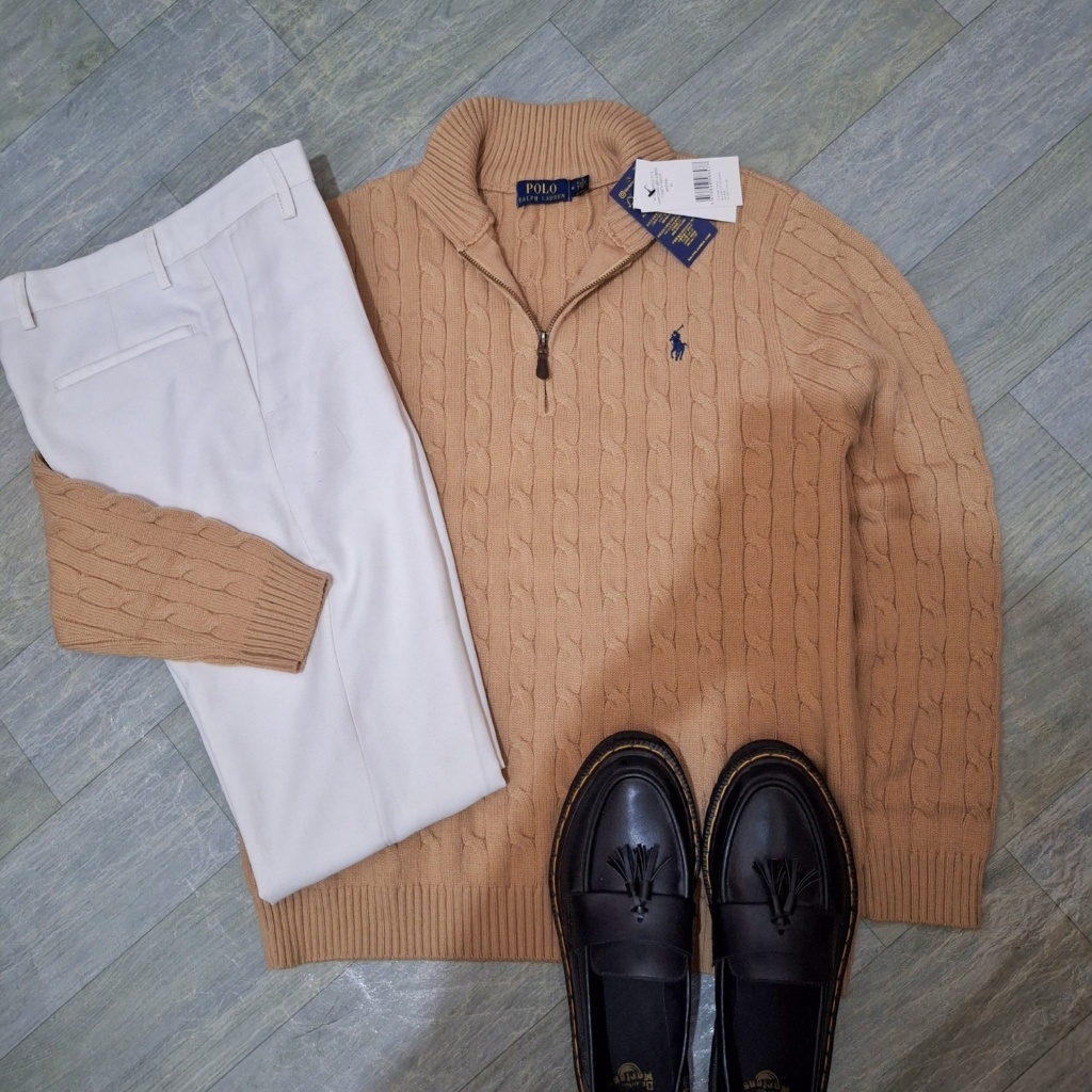 New Cable Knit Quarter Zip Sweater Brown Ralph Lauren Pria Wanita Cotton Original