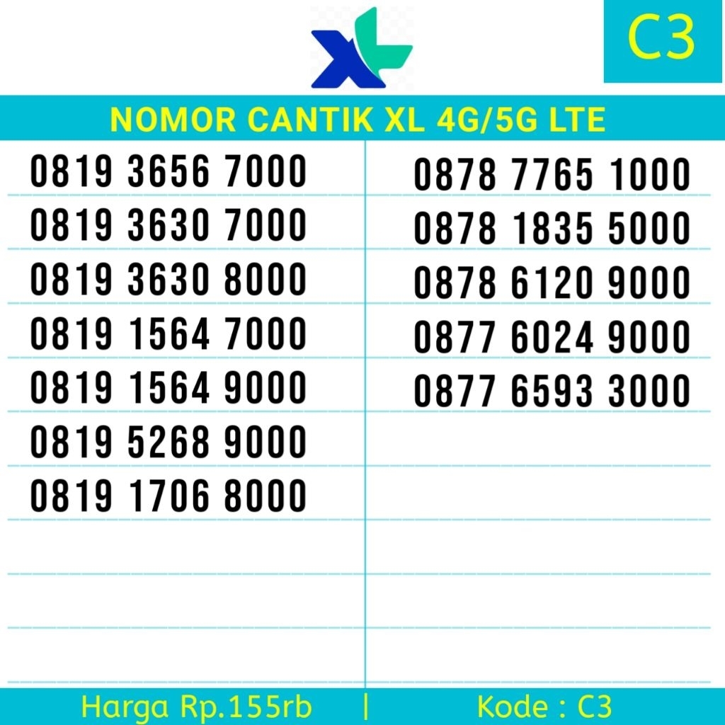 Kartu Perdana Nomor Cantik XL 4G 1000 2000 3000 4000 5000 6000 7000 8000 9000