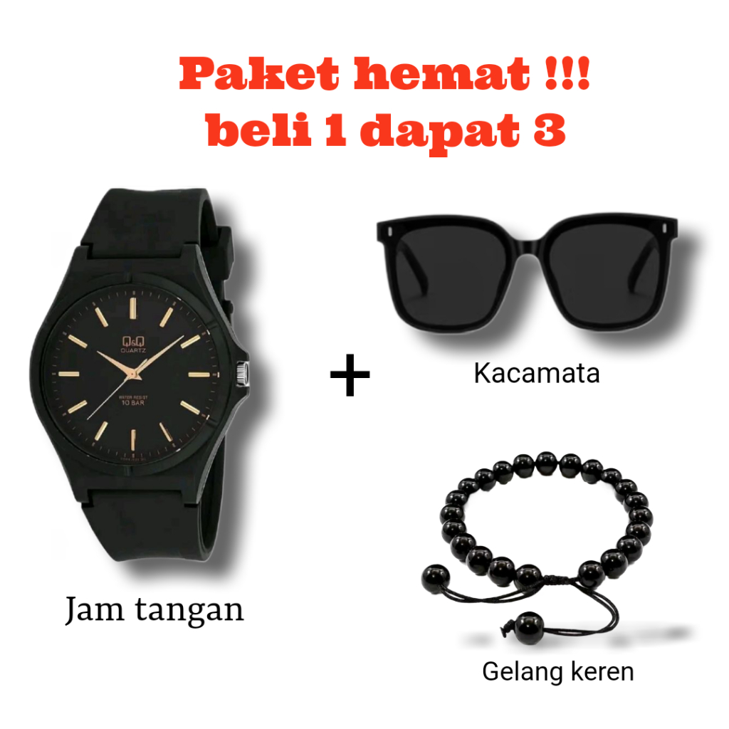 Jam tangan Q&Q tali karet pria wanita free kacamata & gelang keren