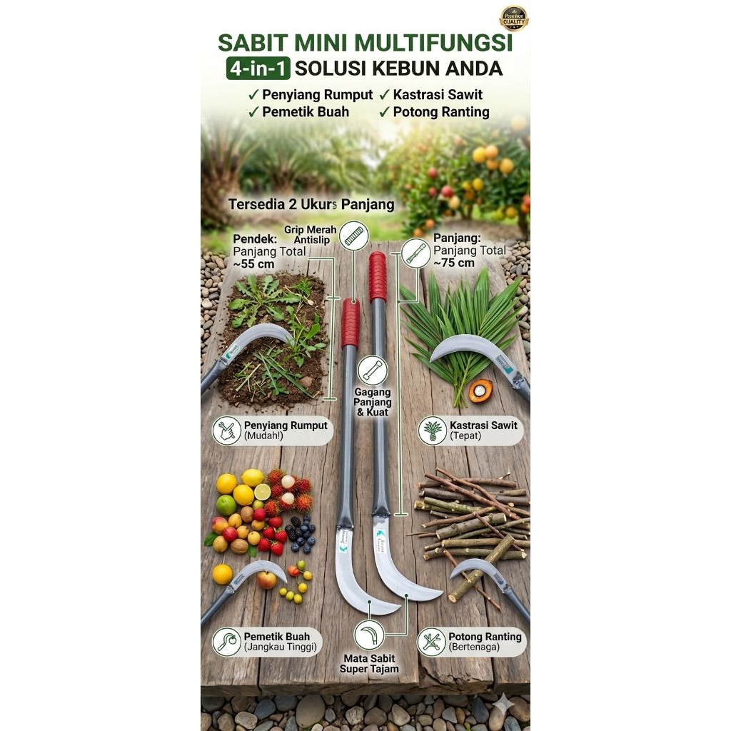 Sabit mini multifungsi-penyiang rumput/pemetik buah/potong ranting/dahan/kastrasi sawit dan lainnya