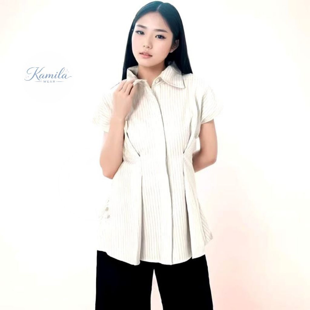 Arba Top Kemeja Fitted Kemeja Kerja Wanita Blus Garis Garis Lengan Pendek
