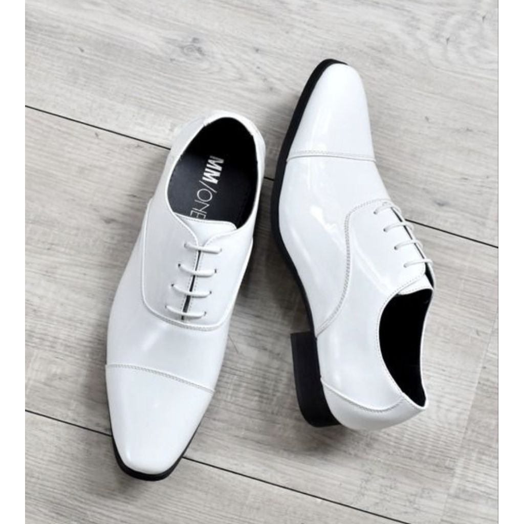 Sepatu Akad Nikah Pria Putih Glossy / Sepatu Pantofel Pengantin / Formal White Shoes