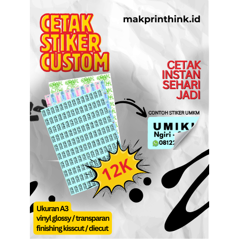 Cetak Stiker Vinyl A3 Custom - Anti Air & Tahan Panas - Laminasi Glossy/Doff