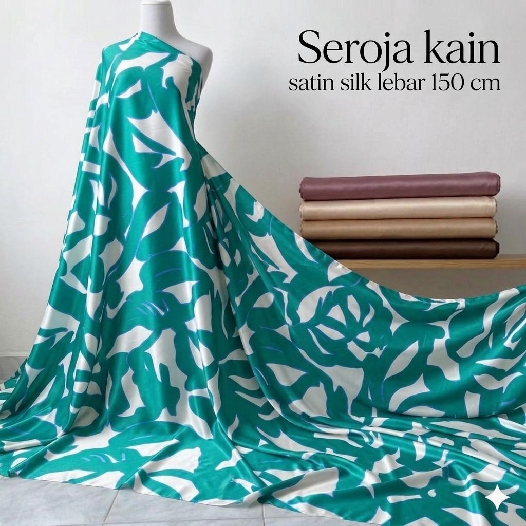 Satin Silk Motif Abstract Leaf Hijau Putih Lembut Jatuh Bahan Gaun Kebaya Fashion Ilh