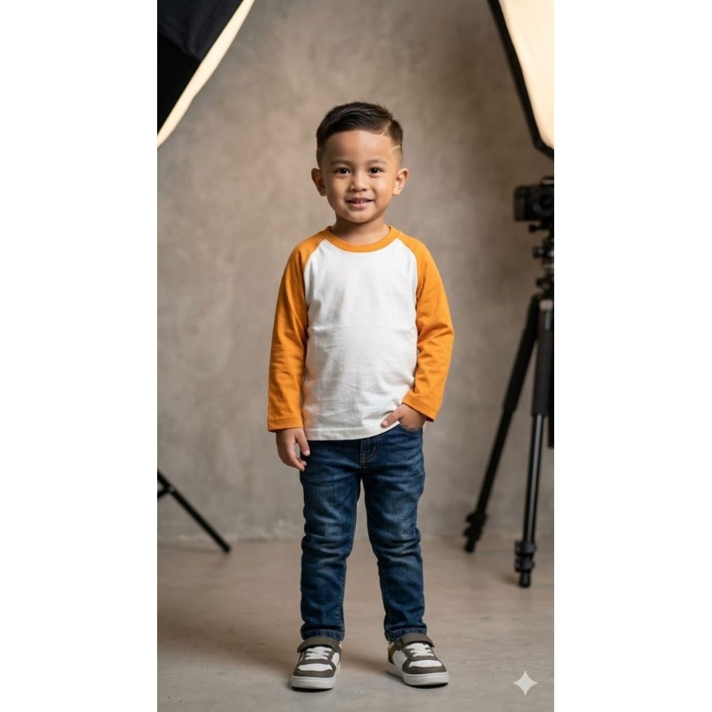 kaos regelan anak laki laki tangan  panjang  usia 2-12 tahun warna putih kombiinasi kuning mustard