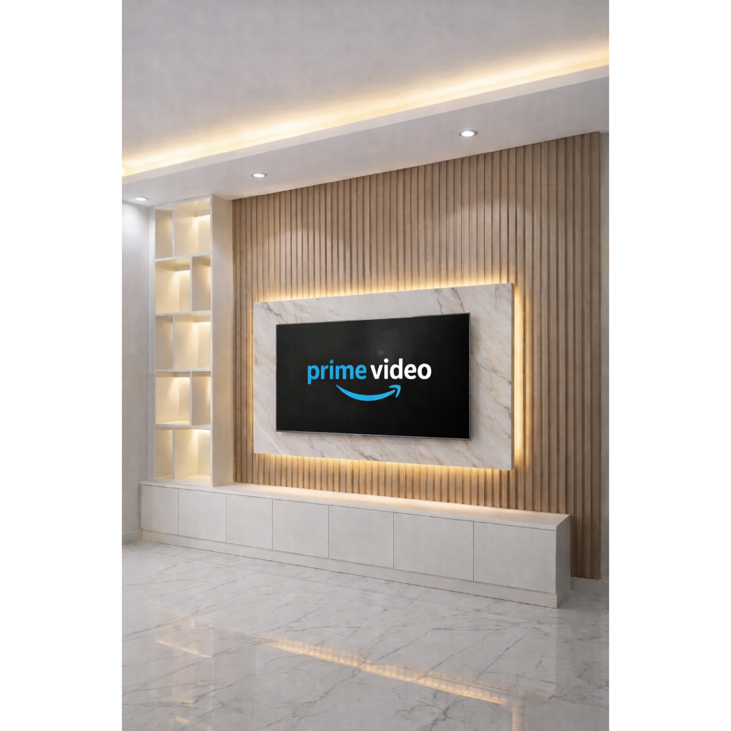 Backdrop TV Minimalis LED 45 Inch | Wall Panel TV Modern HPL | Woodiva Interior