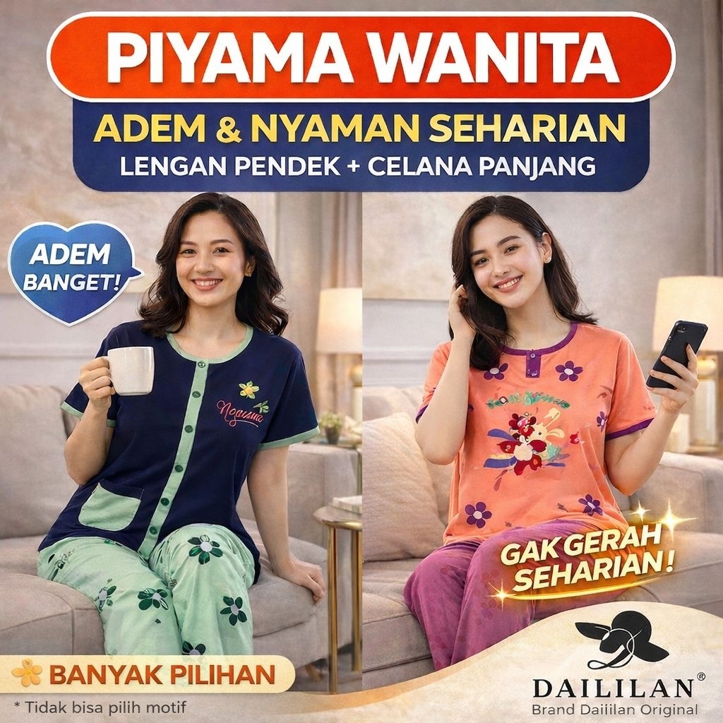Piyama Wanita Daililan Lengan Pendek Celana Panjang/Pendek – Baju Tidur Adem Nyaman Tidak Gerah – Se