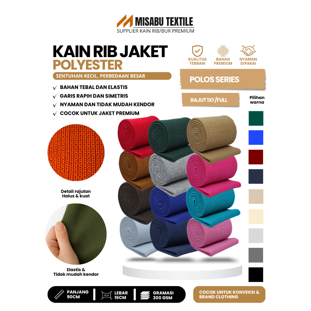 Misabu Textile | Rib jaket polos halus tebal meteran untuk lengan jacket bomber parasut varsity raju