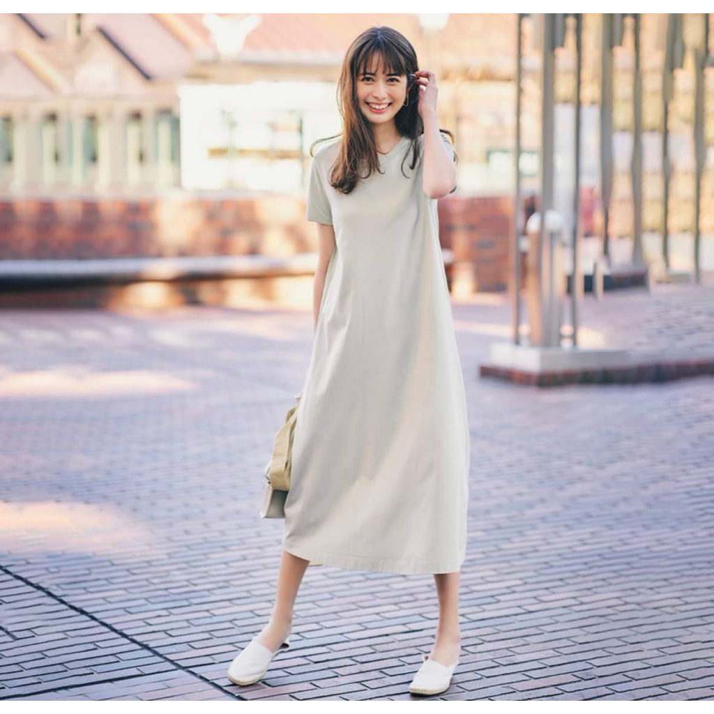 Women U Airism Cotton Short-Sleeve Long Flare Dress Uniqlo