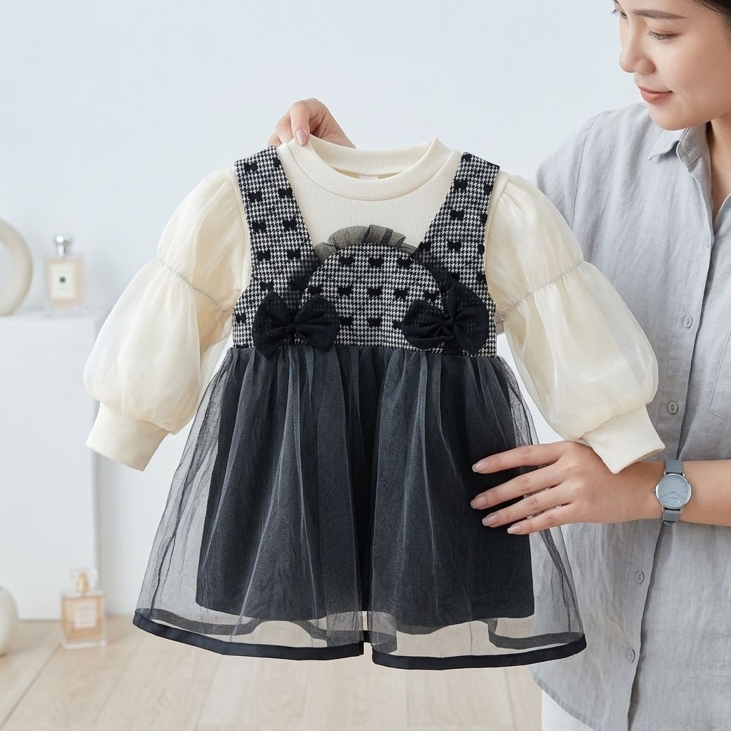 YOYOKIDS Dress Pesta Anak Korea Style Lengan Panjang Gaun Anak Perempuan Lengan Balon Tile Stylish