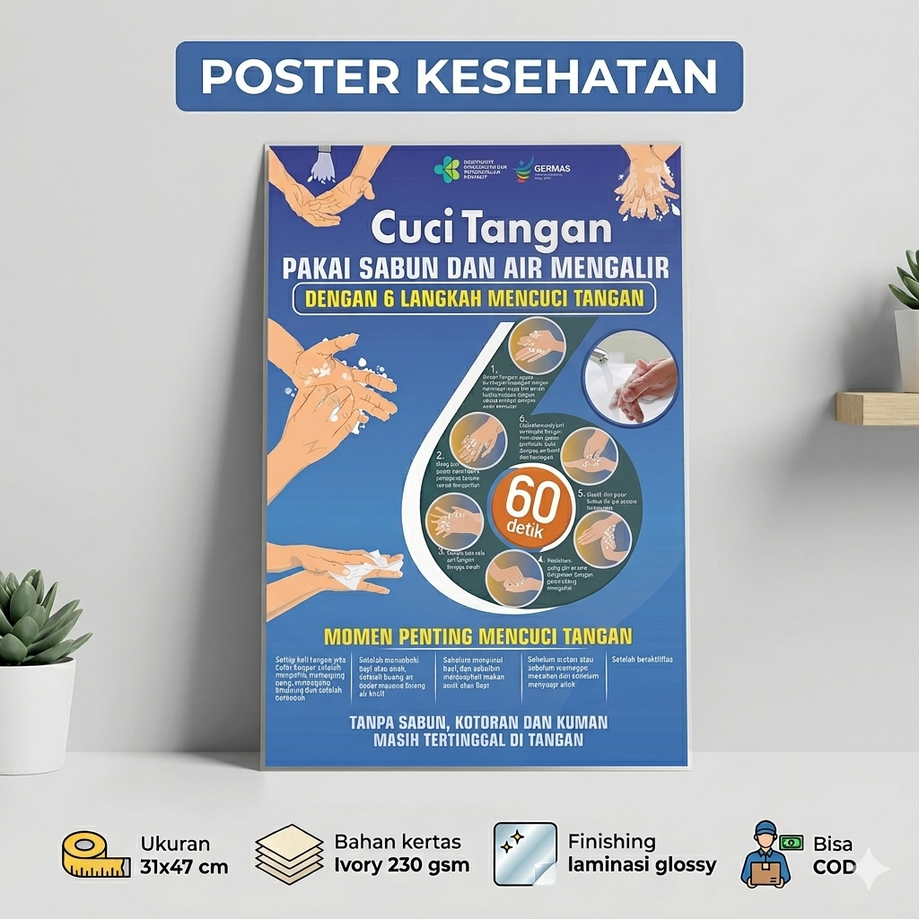 Poster Cara Cuci Tangan 6 Langkah Kemenkes - 6 Langkah Cuci Tangan - Poster Kesehatan