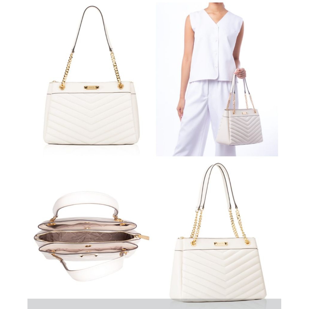 mk Whitney Medium Quilted chain Tote 3compartment Bag light cream