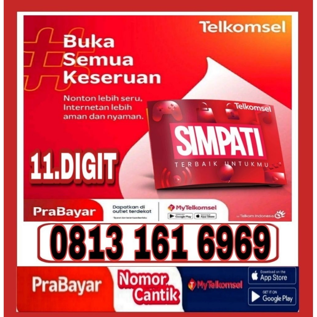 NOMOR CANTIK TELKOMSEL SIMPATI 11 DIGIT 4G 5G O813 161 6969 - 6969