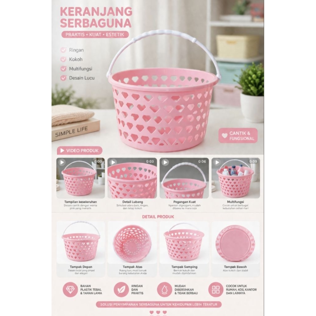 Keranjang Plastik Serbaguna Motif Love Pink Keranjang Mandi| Keranjang Laundry / Mainan / Organizer 