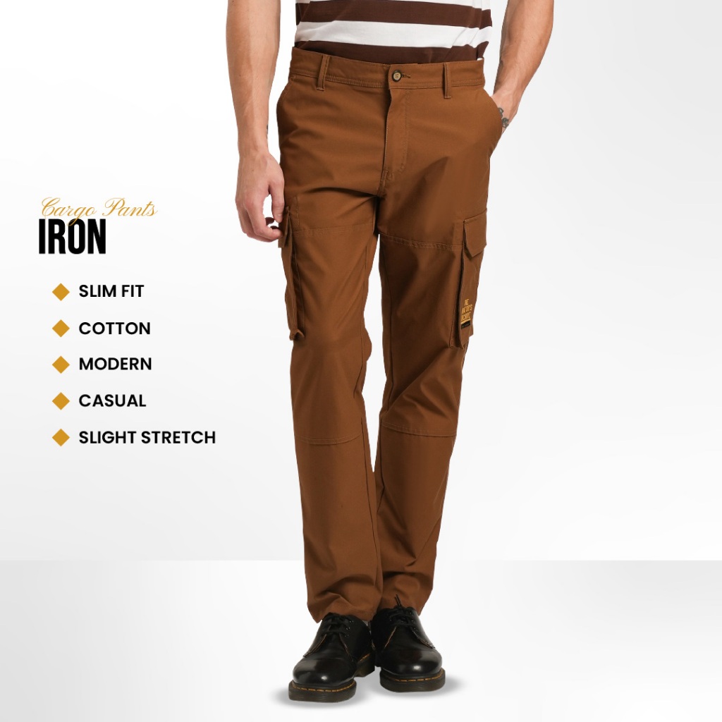 Emba Classic - Iron Celana Panjang Pria Cargo Warna Dark Brown